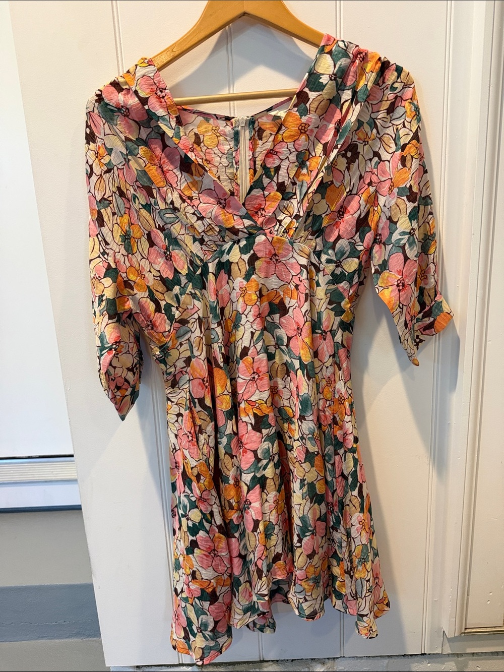 Floral Short-Sleeve Mini Dress in Pink & Green